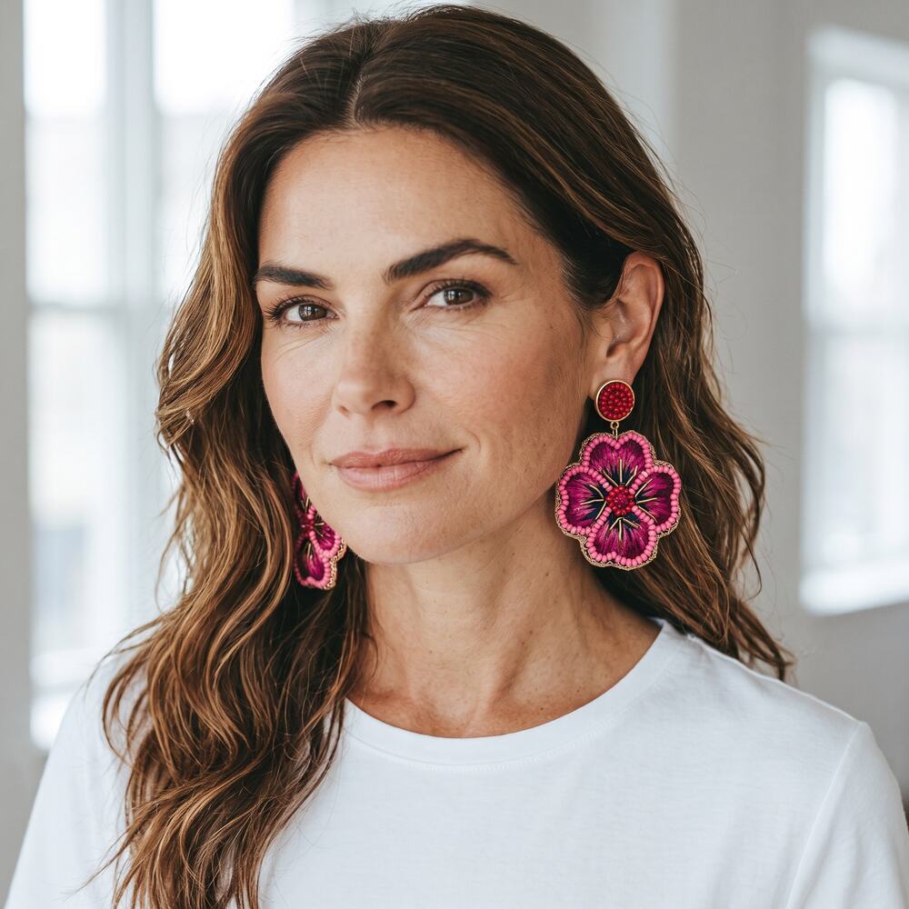Chico's Pink Floral Statement Earrings Beaded Embroidered Dangle Nickel Free